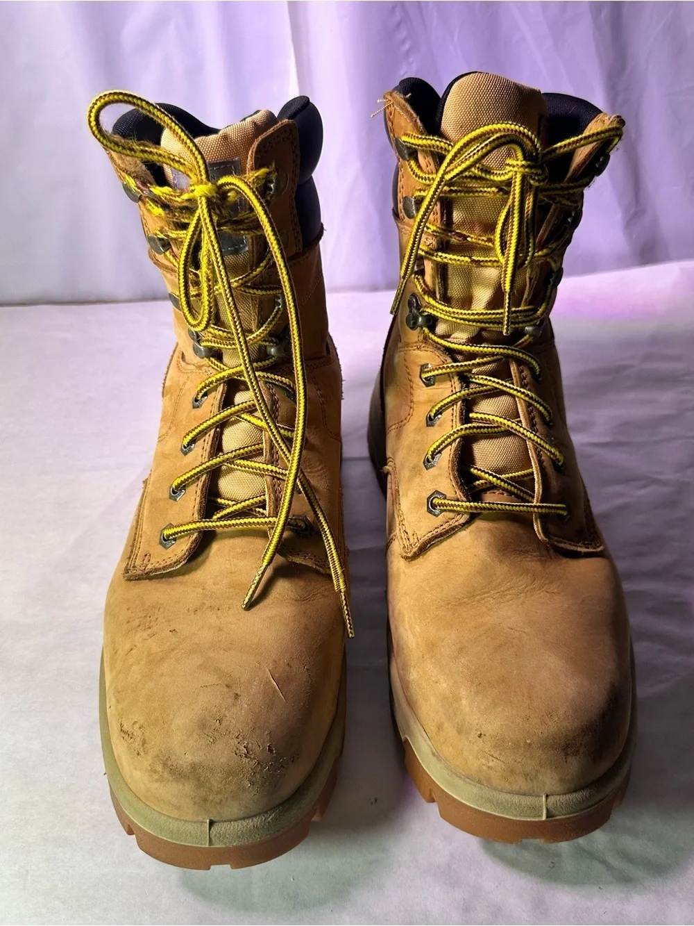 Men's Tan Work Boots with Black Collar and Yellow Laces